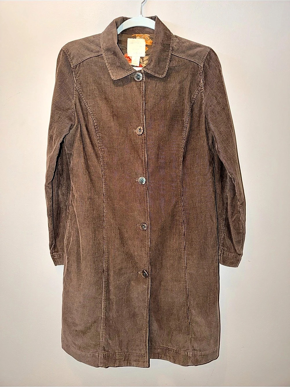 J. Jill Vintage Brown Corduroy Long Button Front Jacket Coat Floral Lining